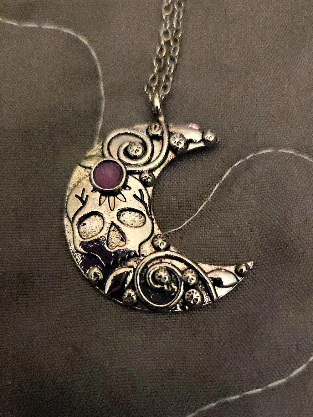 Crescent Moon Pendant Necklace in Silver & Purple